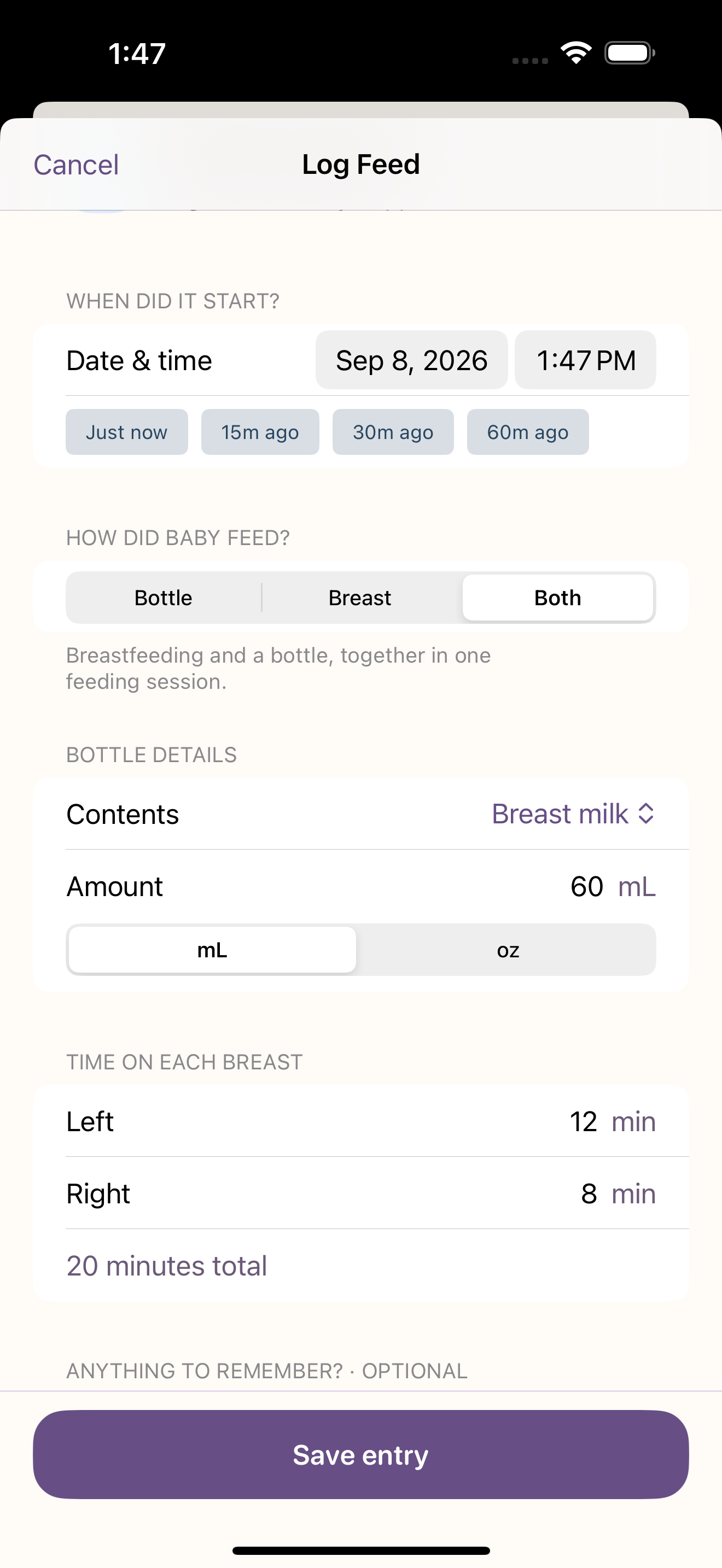 The Both feeding form records 60 mL of breast milk and 12 minutes left, 8 minutes right, in one entry. Demonstration data.