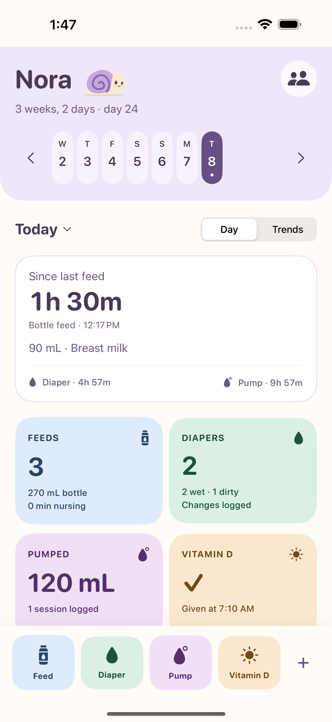 Baby Stats Today view with time since the last feed, feeding and diaper totals, pumping and Vitamin D. Demonstration journal.